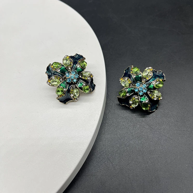 锌合金珐琅耳饰 中古Vintage 复古多层彩钻花朵耳钉 做旧电镀黑金