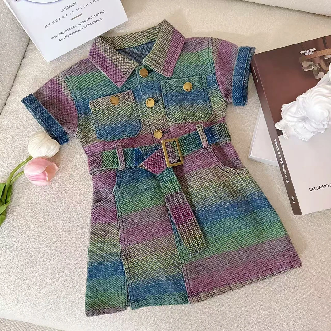 女童时髦短袖牛仔裙2025夏季新款韩版儿童翻领收腰背心连衣裙宝宝