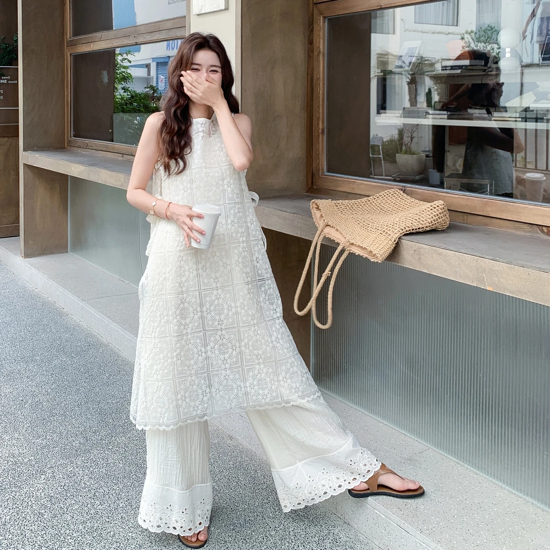 镂空刺绣蕾丝套装裤2025夏季新款复古法式氛围感ins风显瘦三件套