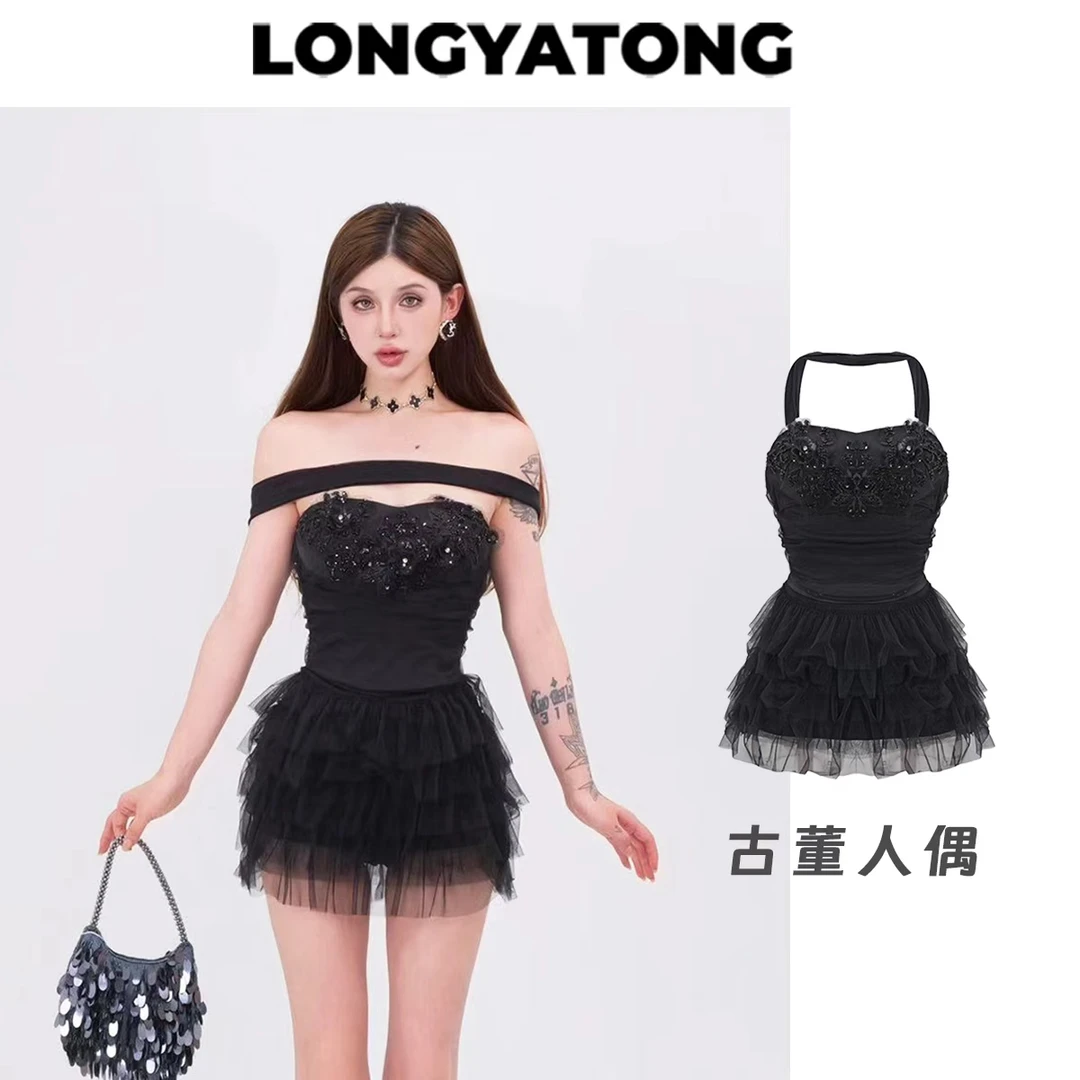 龙牙童推荐【古董人偶】蕾丝轻熟御姐套装短款性感一字辣妹露肩裙子