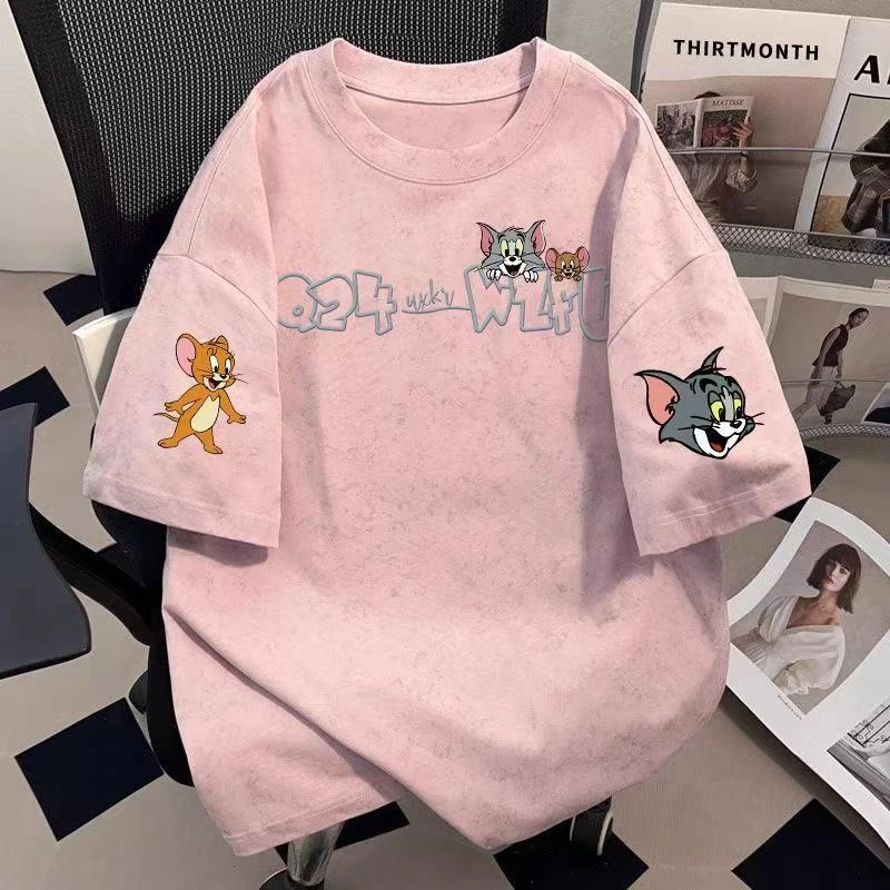 vibe新款创意趣味猫与老鼠印花扎染短袖T恤男女款夏季纯棉上衣