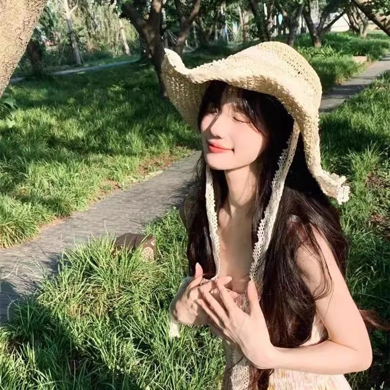 草帽ins韩版系带镂空草编帽女夏出游防晒沙滩太阳帽蕾丝边遮阳帽