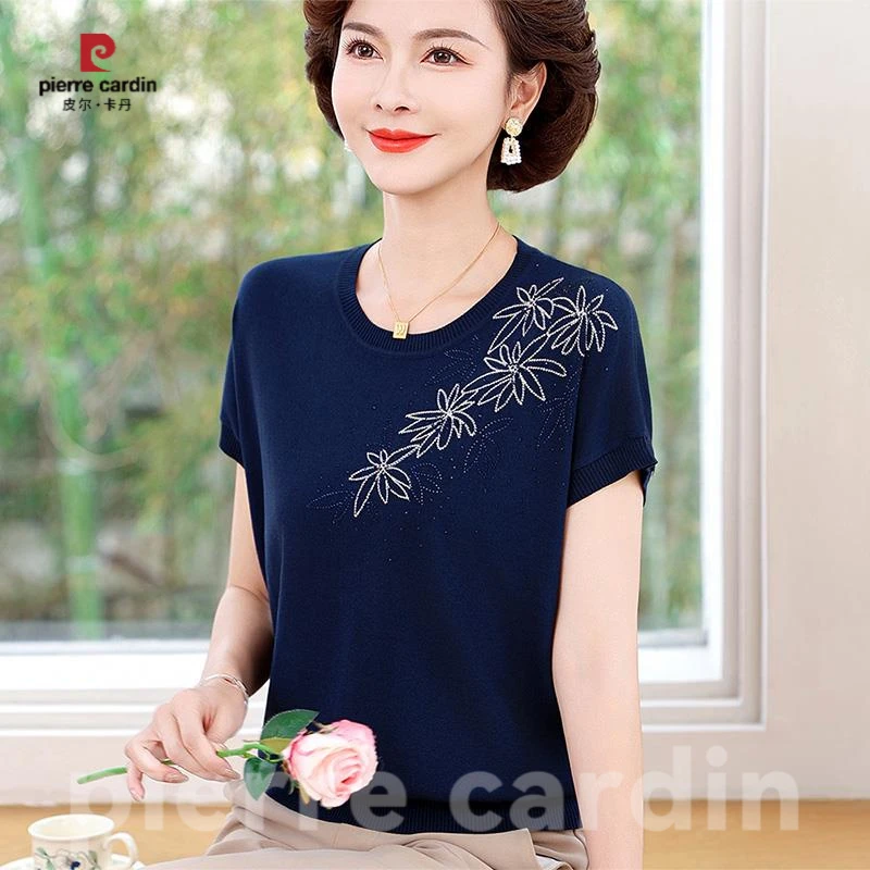 皮尔卡丹中老年妈妈夏装短袖T恤女冰丝透气上衣50到60岁大码圆领
