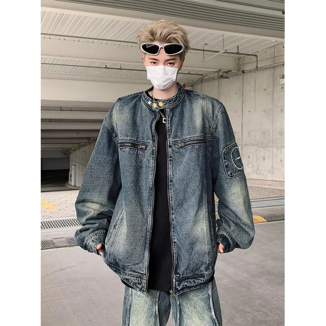 超大尺寸150kg秋季美国摩托车牛仔夹克男士水洗皱皱休闲拉炼夹克