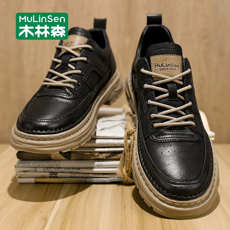 木林森男鞋秋季2025新款复古英伦上班男休闲皮鞋低帮工装马丁潮鞋