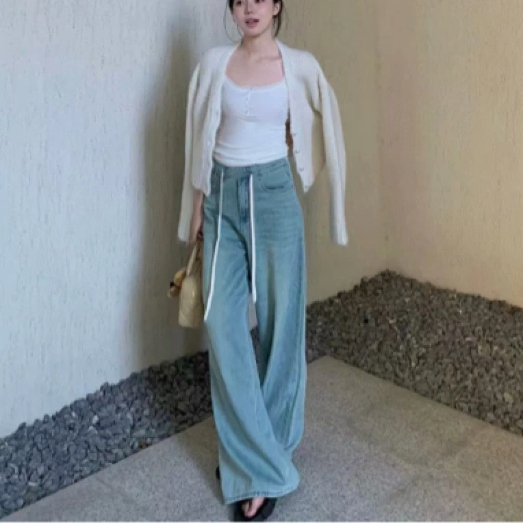 新款宽松抽绳阔腿牛仔裤