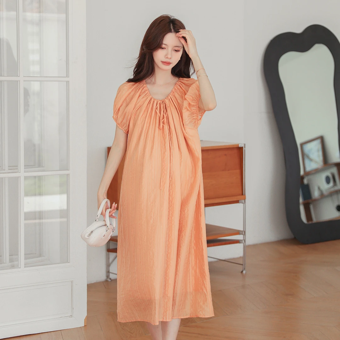 孕妇夏款橘色V领系带可调节泡泡袖宽松连衣裙58003