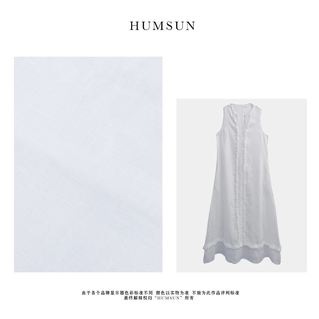HUMSUN/禾木笙 轻奢重工100亚麻高级感流苏蕾丝带里布长裙 24D659