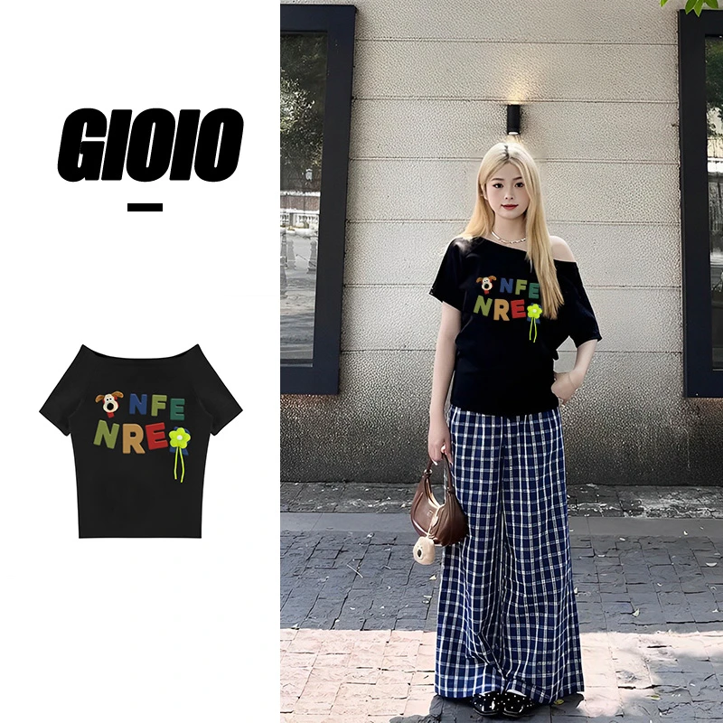 【立体公仔】夏季新款美式露肩辣妹斜肩百搭小众短袖女上衣T恤