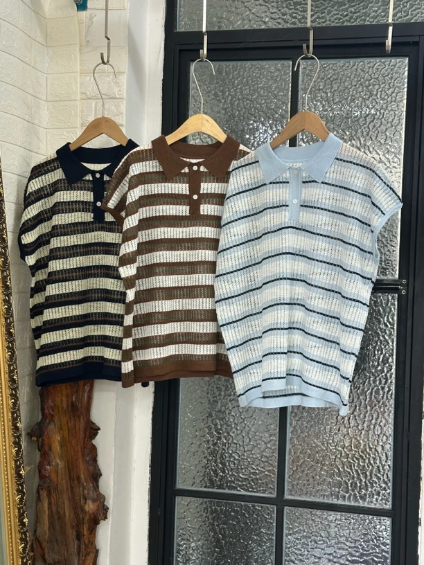 条纹假两件款不褪色拼色毛针织衫宽松衬衫开衫时尚翻领韩版