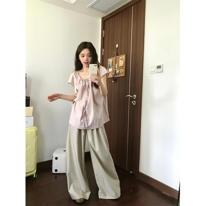 甜妹减龄休闲服套装女夏季新款绑带短袖衬衫阔腿裤韩系温柔两件套