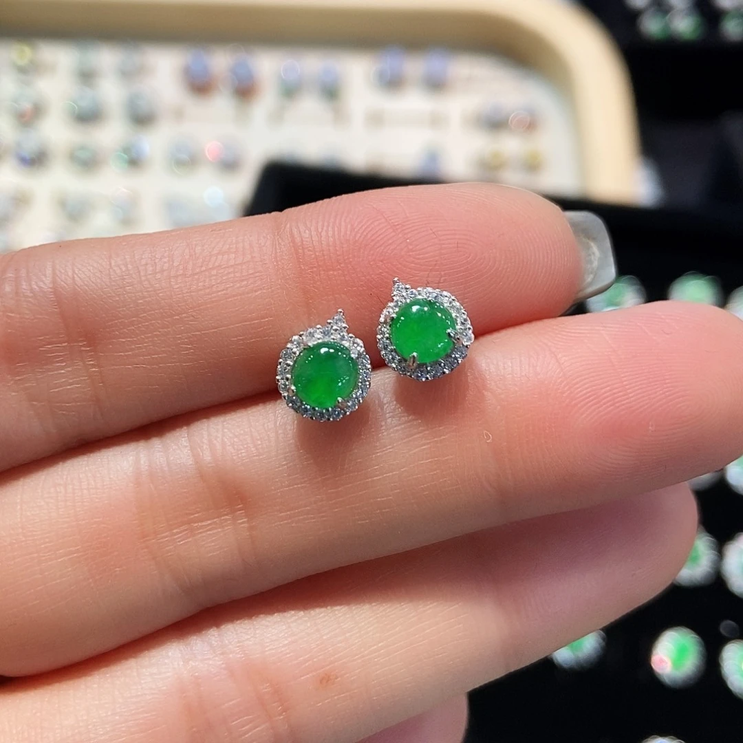 翡翠银S925镶嵌耳饰天然缅甸