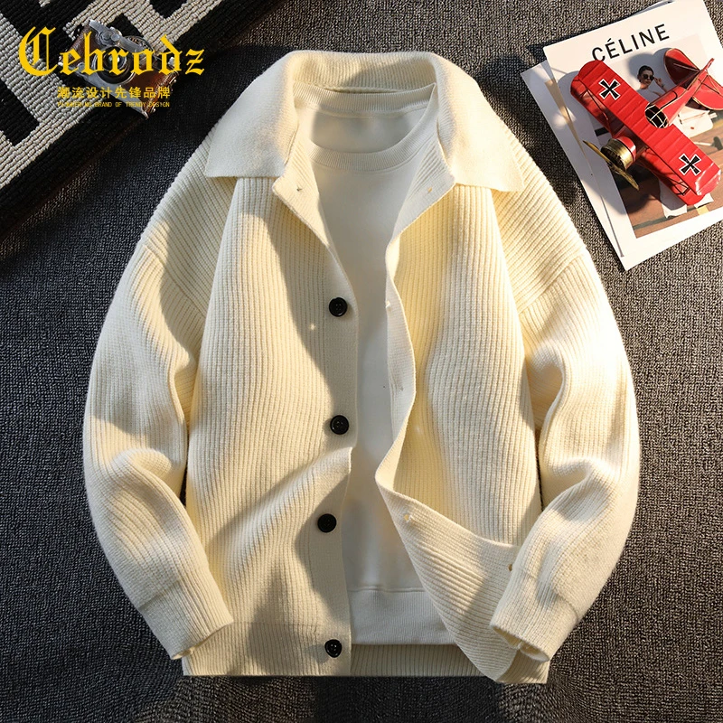 法国Cebrodz翻领开衫外套男秋季宽松针织夹克男休闲毛衣外套简约