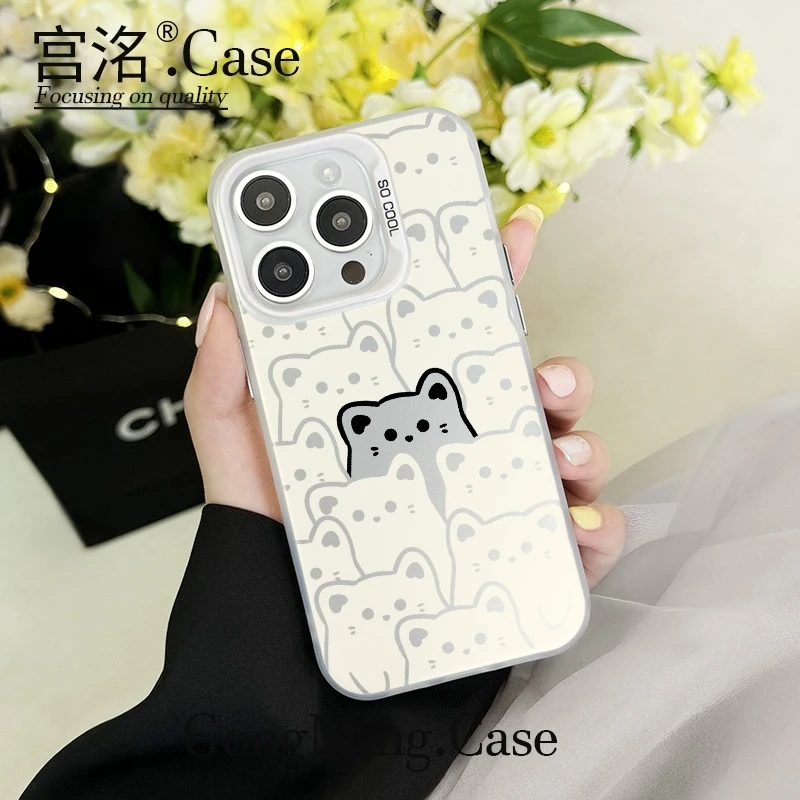 满屏白猫中黑猫彩银壳适用于iPhone苹果16手机壳华为oppo小米手机