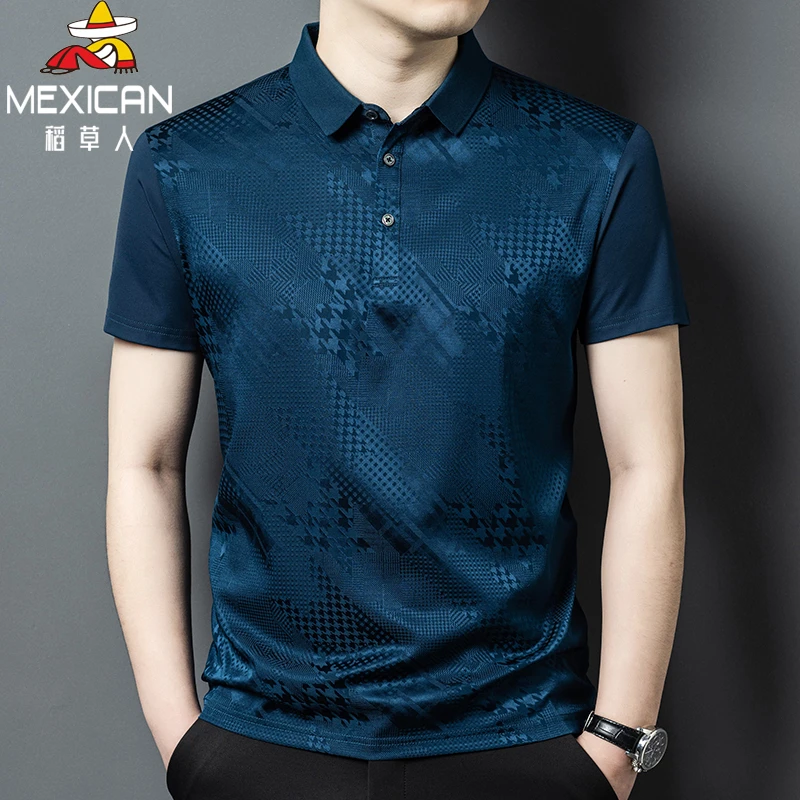 稻草人半袖休闲中年男士T恤时尚透气翻领桑蚕丝短袖夏季高档薄款