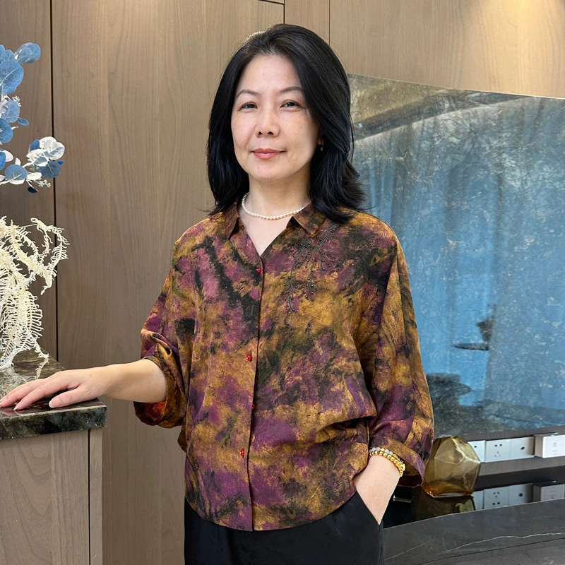 时尚妈妈复古宽松休闲晕染重磅7分袖夏季上衣SL-2549