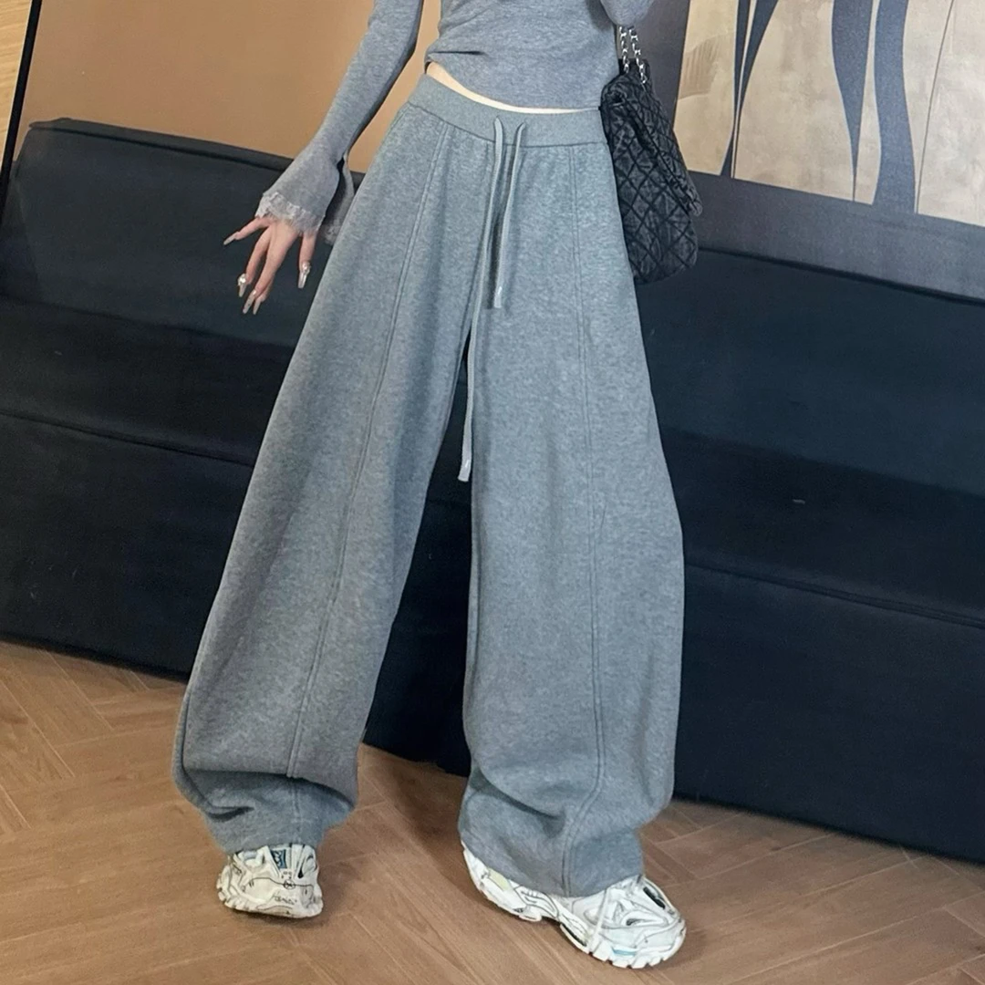 松紧高腰加绒阔腿裤女秋冬新款宽松显瘦休闲加厚保暖抽绳运动卫裤