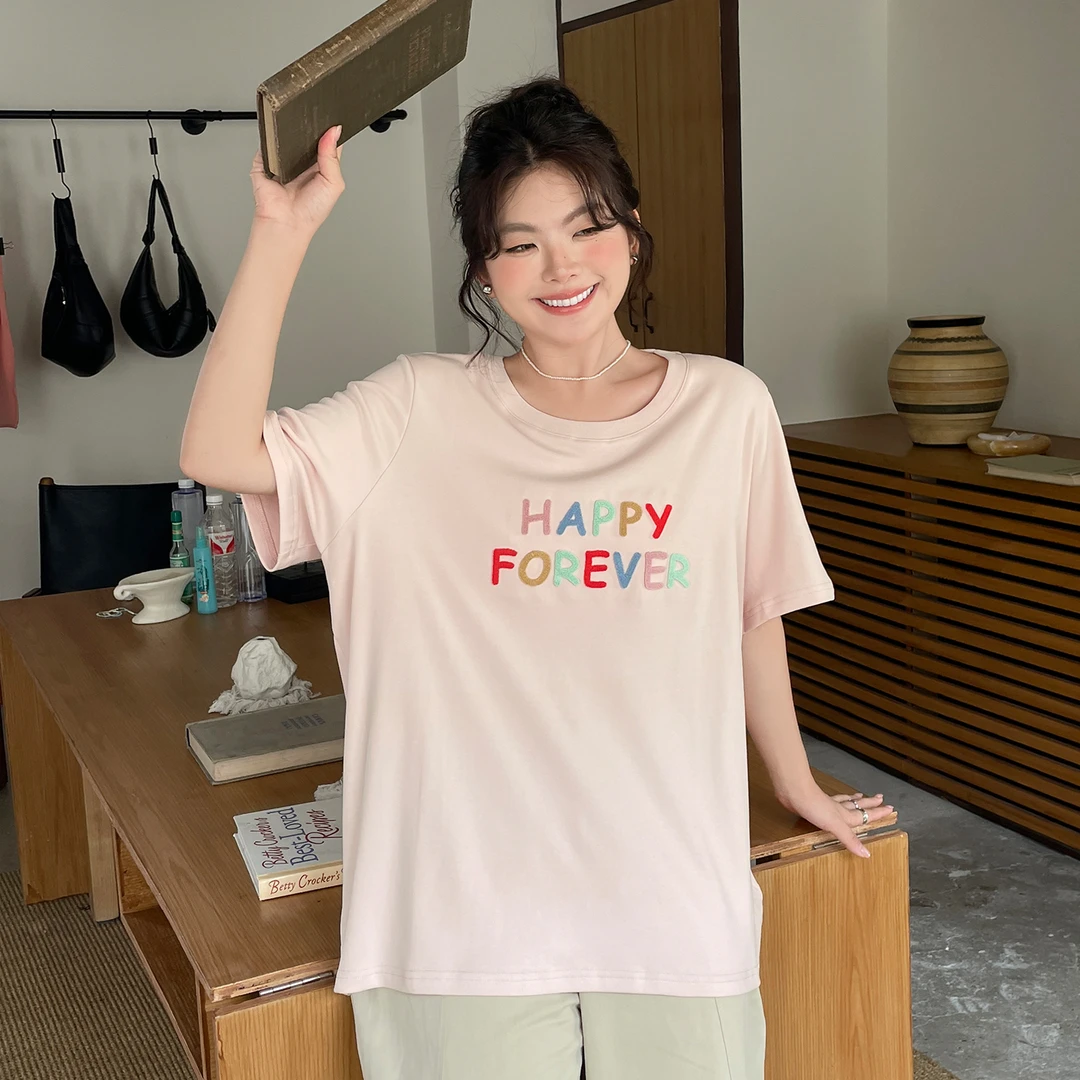 2025新款女装时尚刺绣上衣夏季胖mm正肩洋气时髦减龄设计感短袖