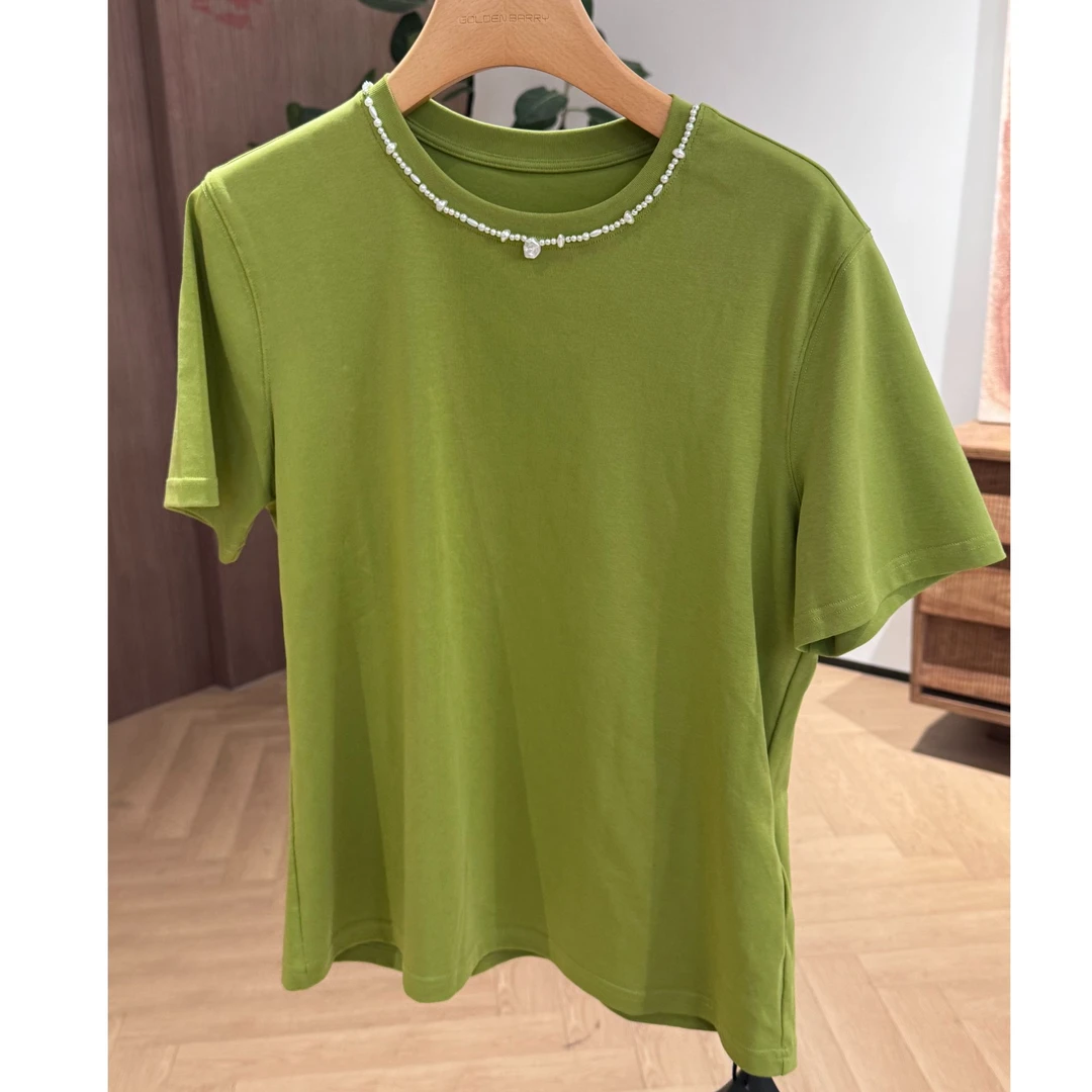 GOLDENBARRY|201878手工缝制珍珠领短袖T恤时尚