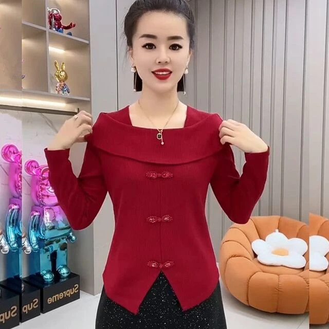 春秋新款修身小衫时尚设计感一字肩T恤盘扣长袖百搭打底衫上衣