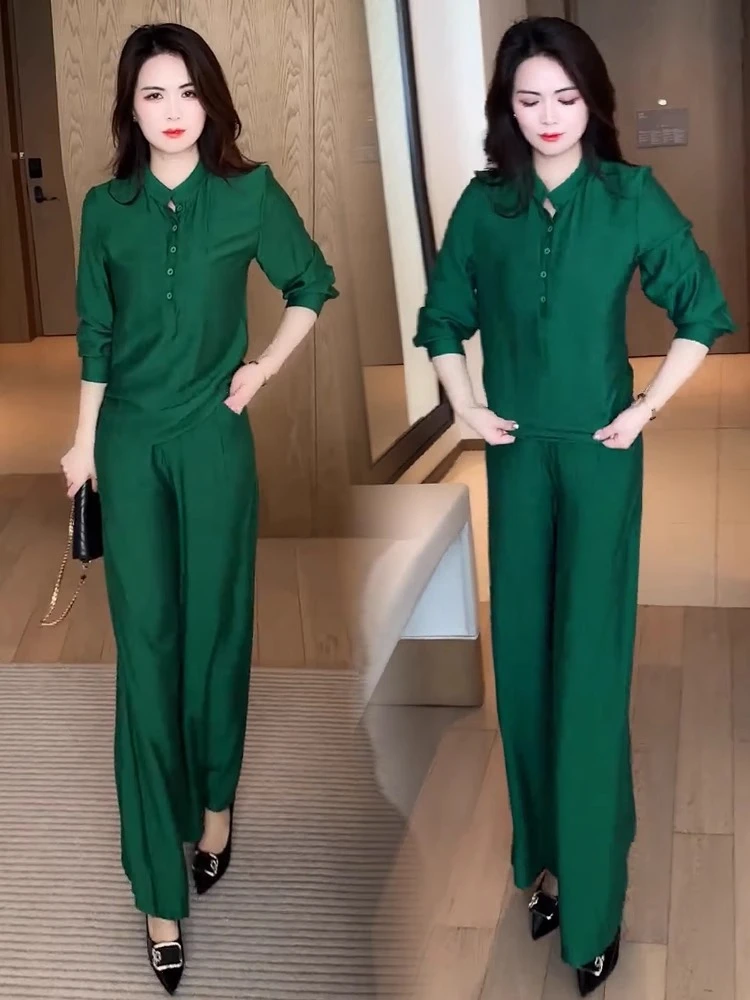 时尚套装女2025春季新款洋气质宽松显瘦垂感立领衬衫阔腿裤两件套