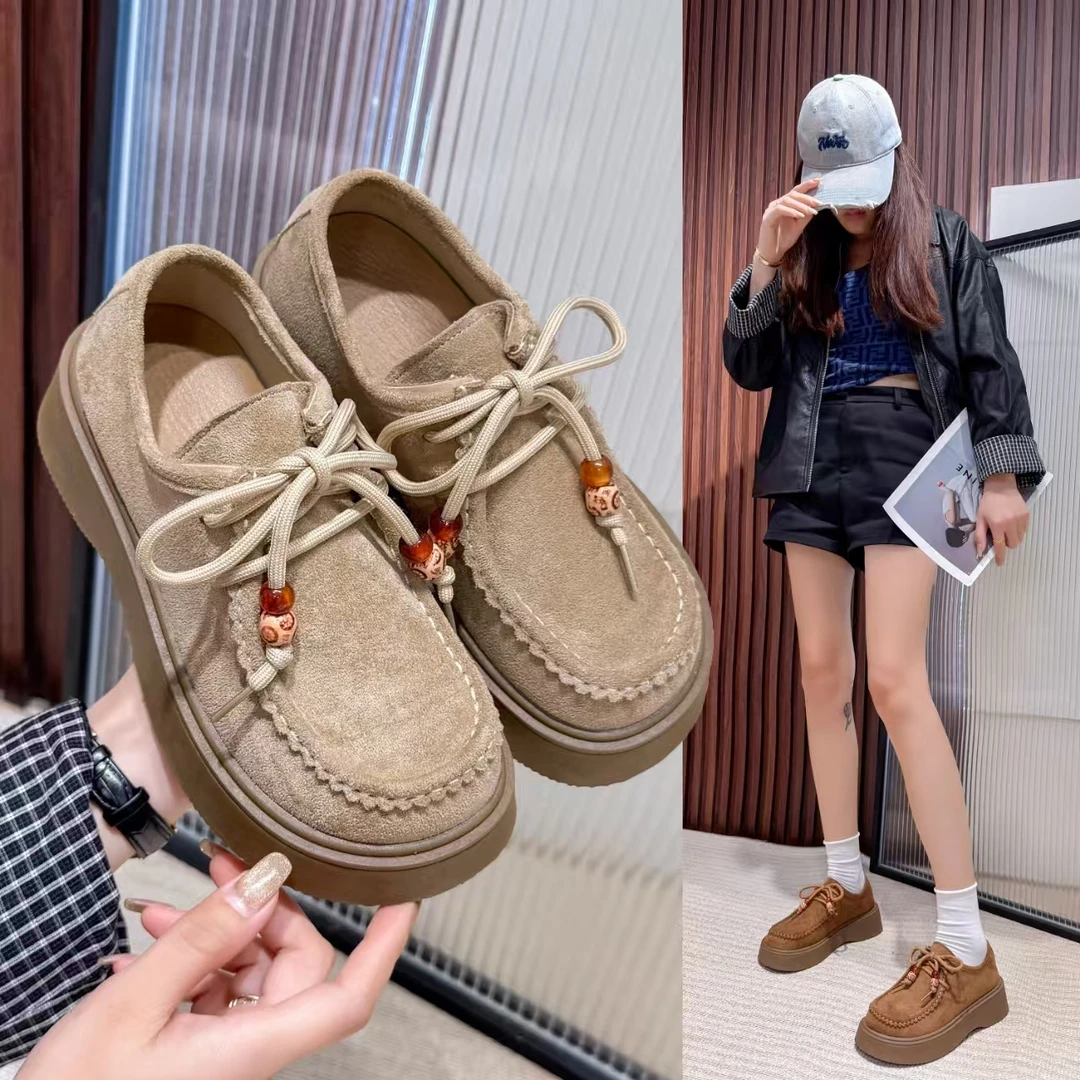 英伦风厚底复古挂件博肯鞋2025秋季新款厚底增高袋鼠鞋舒适百搭鞋