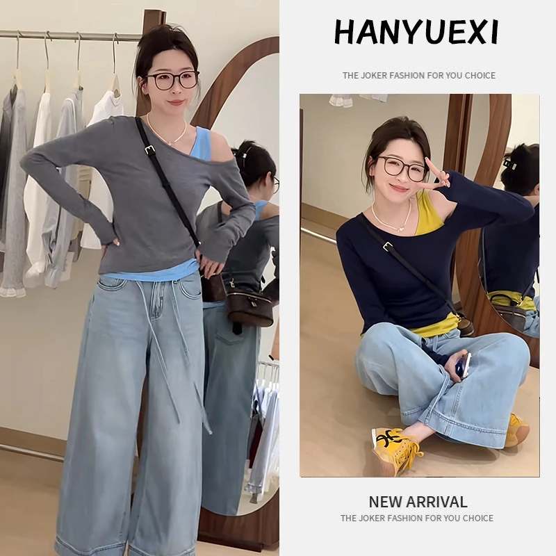 韩版时尚一整套女装2025新款斜肩假两件长袖t恤高腰阔腿裤两件套