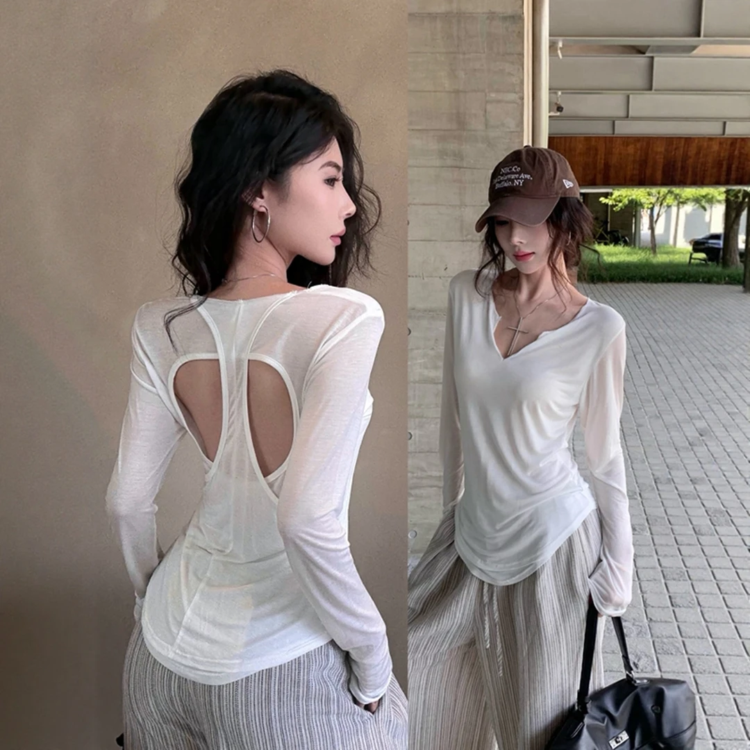 慵懒V领冰丝露背长袖T恤女夏季假两件体恤老钱风防晒罩衫辣妹上衣