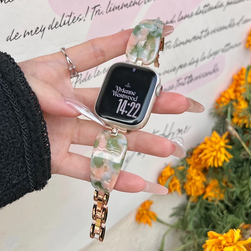 适用applewatchS10表带S9女SE苹果手表树脂手镯金属链条S8高级感7