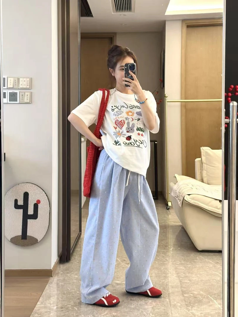 现货孕妇装2025洋气时尚休闲百搭夏短袖彩虹刺绣无托腹宽松拖地裤