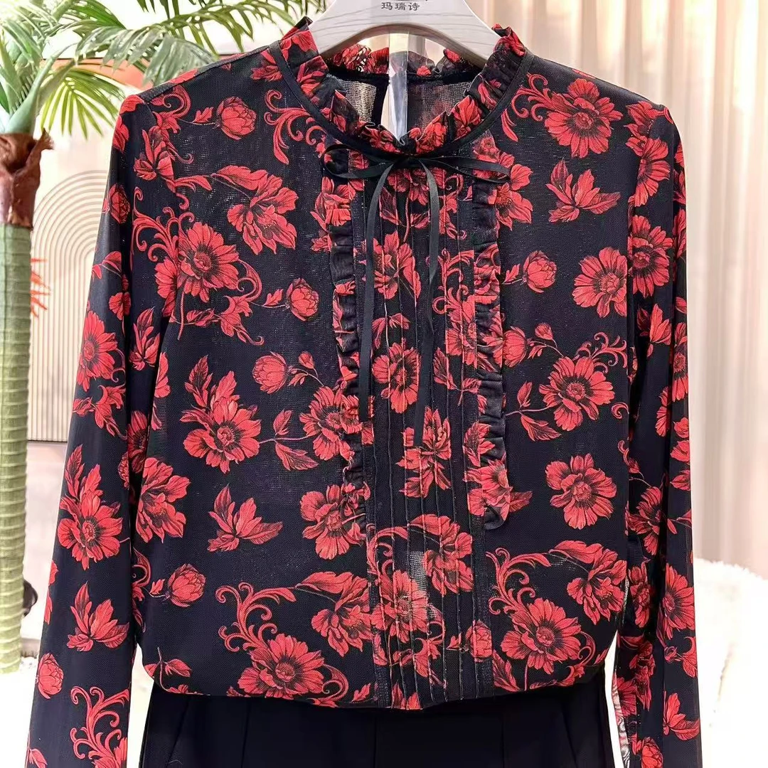 C6313【商场同款】春季长袖双层弹翻领衬衣气质时尚印花百搭轻奢