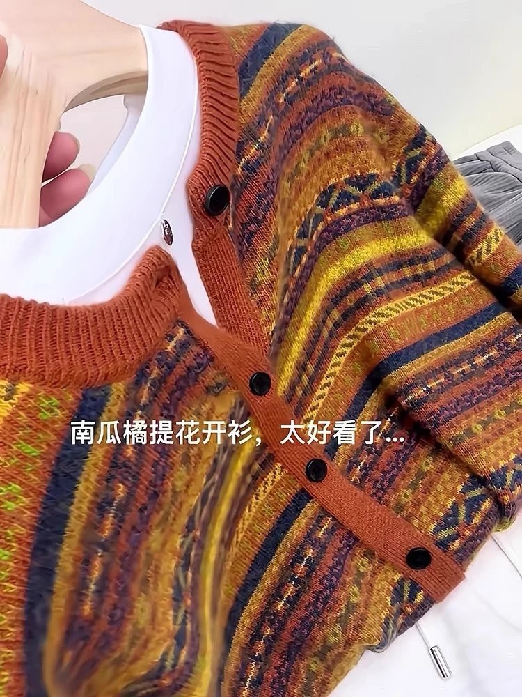 南瓜橘~女毛针织衫圆领撞色针织衫长袖拼色针织提花短款上衣