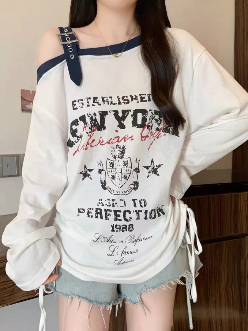 加大码胖mm早秋新款时尚字母印花露肩长袖t宽松显瘦洋气春季上衣2