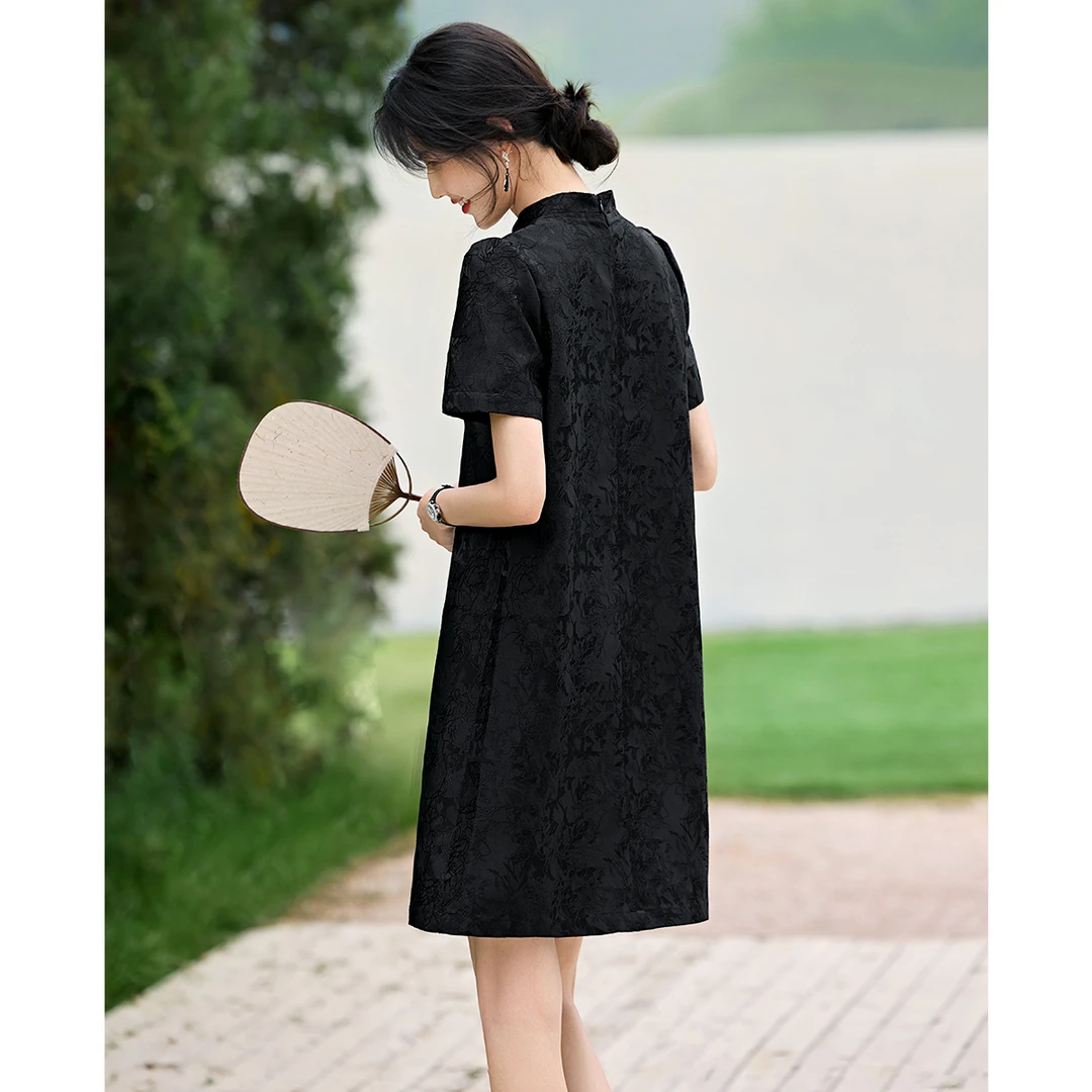 XWI欣未新中式国风提花连衣裙女夏季优雅气质修身显瘦黑色旗袍裙