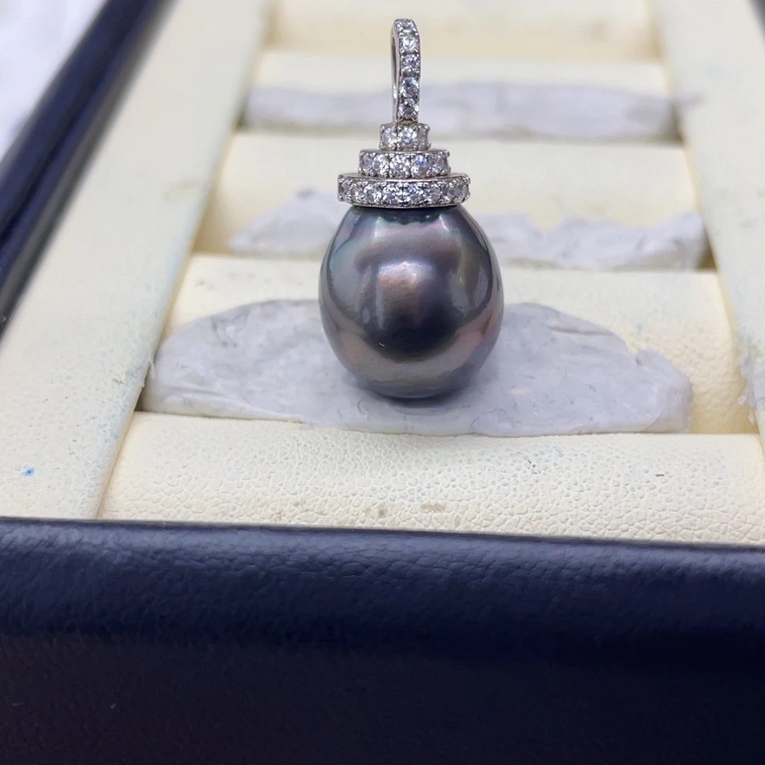 银S925镶嵌海水珍珠吊坠(不含链)大溪地吊坠12-13mm