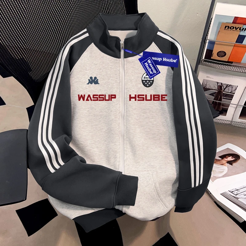 WASSUP HSUBE国潮牌美式高街开衫立领卫衣潮酷运动棒球服外套上衣