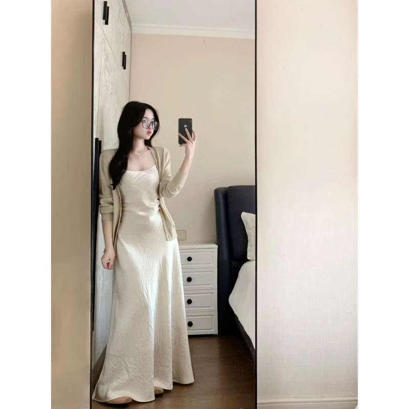 法式高级感温柔气质缎面吊带连衣裙女春季新款针织开衫外套两件套