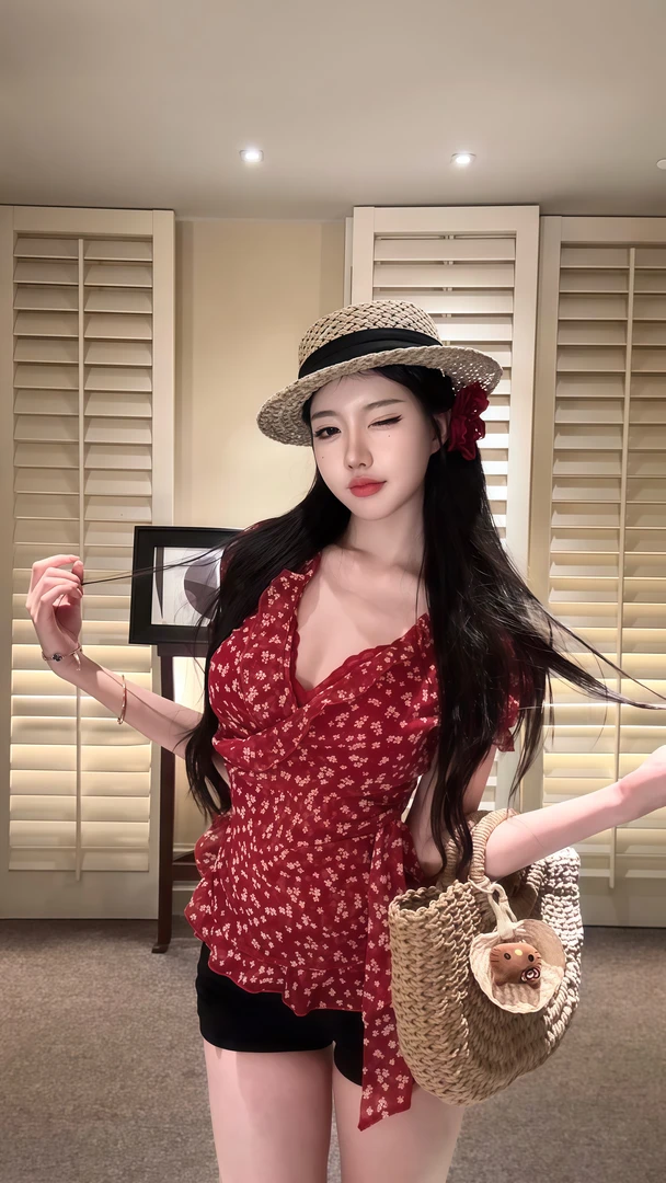 2025夏季新款设计感法式复古红色碎花短袖衬衫配高腰热裤两件套女