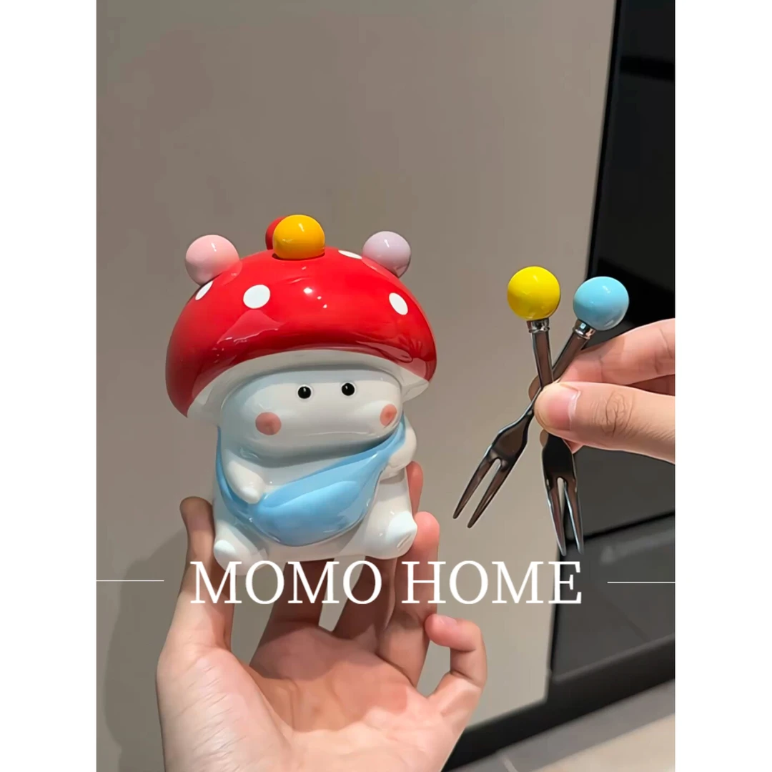 MOMO可爱蘑菇水果叉套装家用儿童不锈钢蛋糕叉子甜品果叉子收纳罐