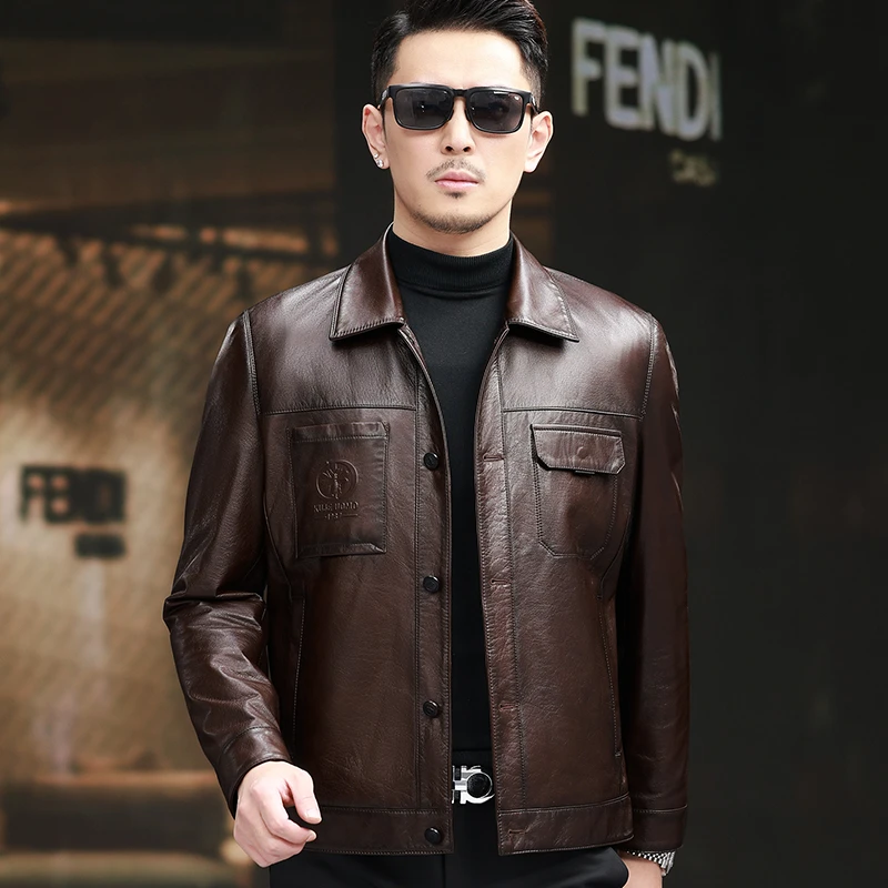 海宁原生态皮料100%头层小黄牛皮翻领休闲2025新款真皮皮夹克外套