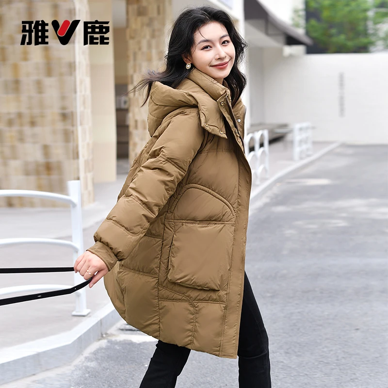 V/雅鹿【可脱卸帽】加厚保暖宽松鸭绒羽绒服外套女2023年冬季新款