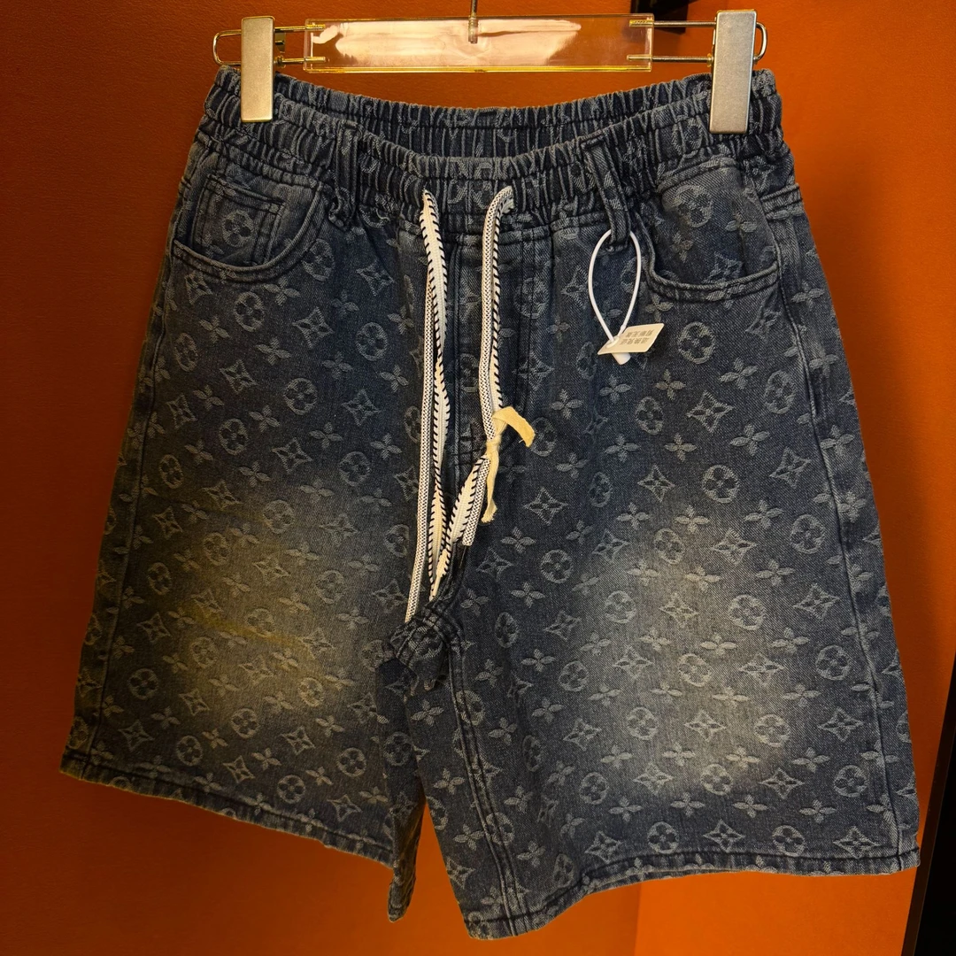 【高版本】百搭高级气质男女美式复古欧版潮牌短款中裤弹力牛仔老花