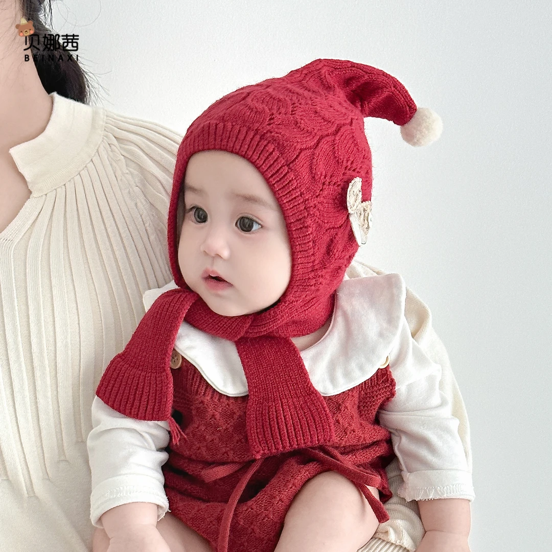 Beinaqian/贝娜茜婴儿帽子秋冬季宝宝女保暖针织毛线帽红色喜庆冬
