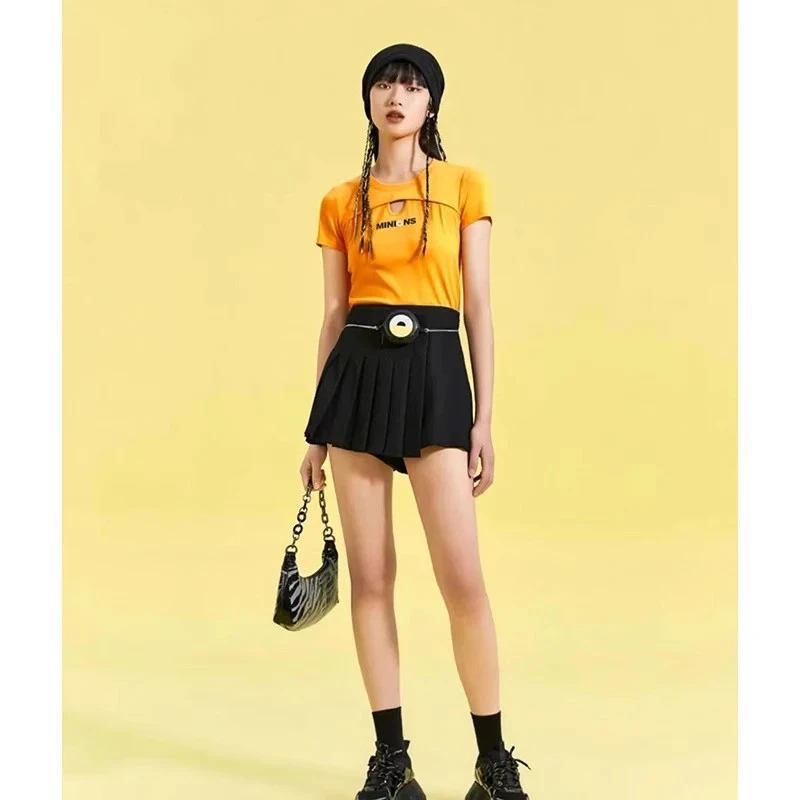 鸟家时尚百搭显瘦高腰A字短裤小黄人合作百褶裙半身裙裤（无配饰）