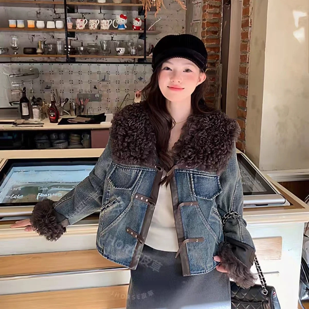 冬季新款大码复古牛仔女短款加厚保暖拼接毛毛领翻领休闲棉服外套
