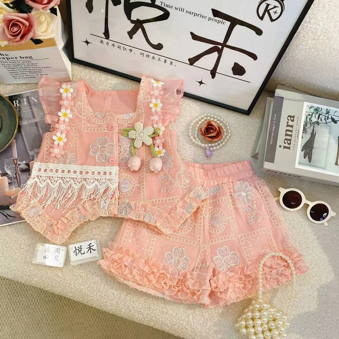 SD女童时尚夏季新款女宝粉色小飞袖女孩洋气儿童套装80269