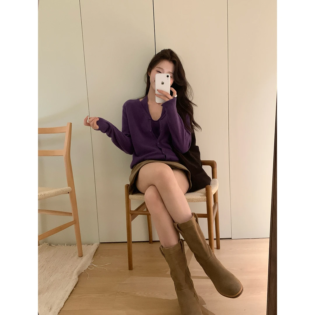 【09/26 20:00 8.5折】韩系简约纯羊毛挂脖假两件针织开衫女
