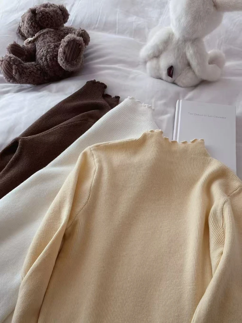 妖精的美美 【奶油卷卷】花瓣秋冬长袖针织打底T恤