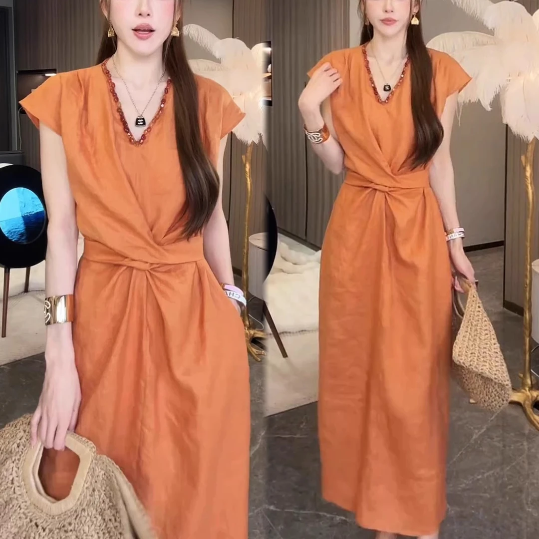 大码时尚休闲宽松V领短袖中长款裙2025夏新款纯色收腰显瘦连衣裙