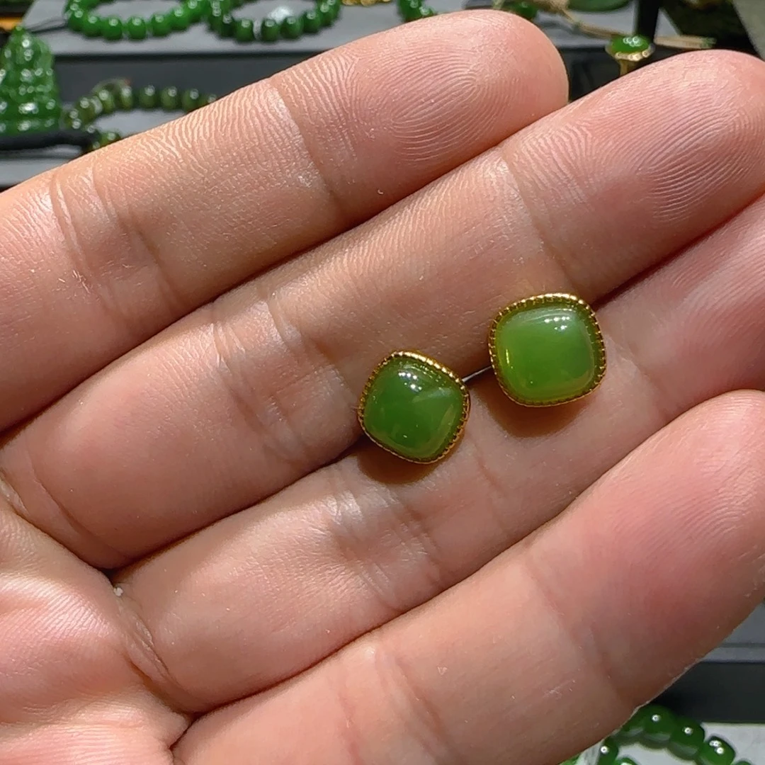 银S925镶嵌和田玉（碧玉）耳饰